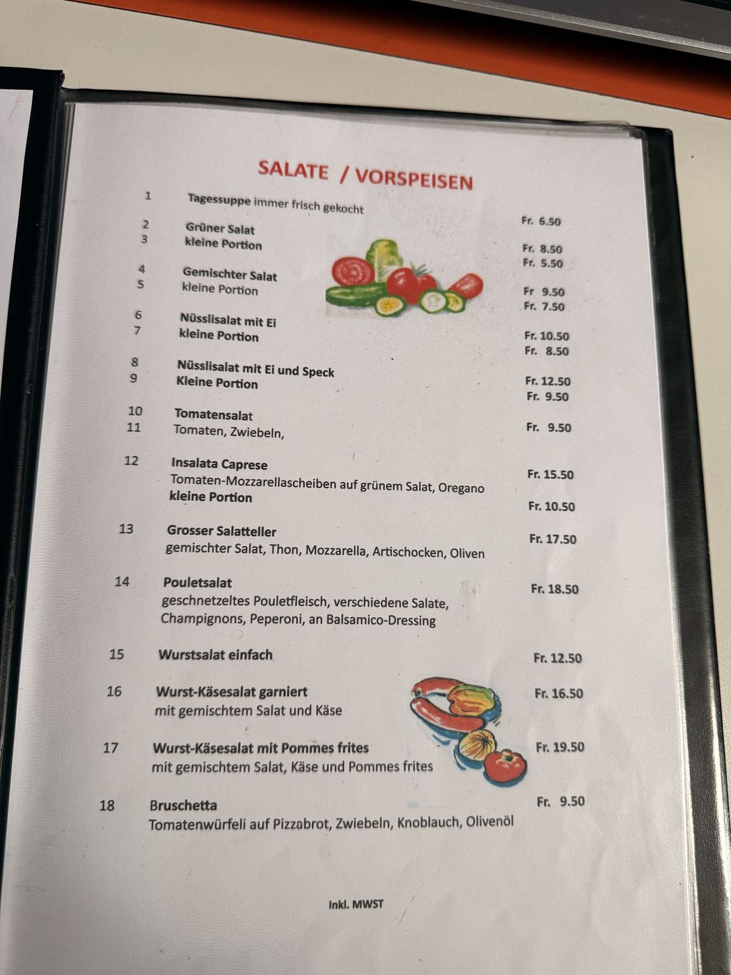 Speisekarte Salate und Vorspeisen