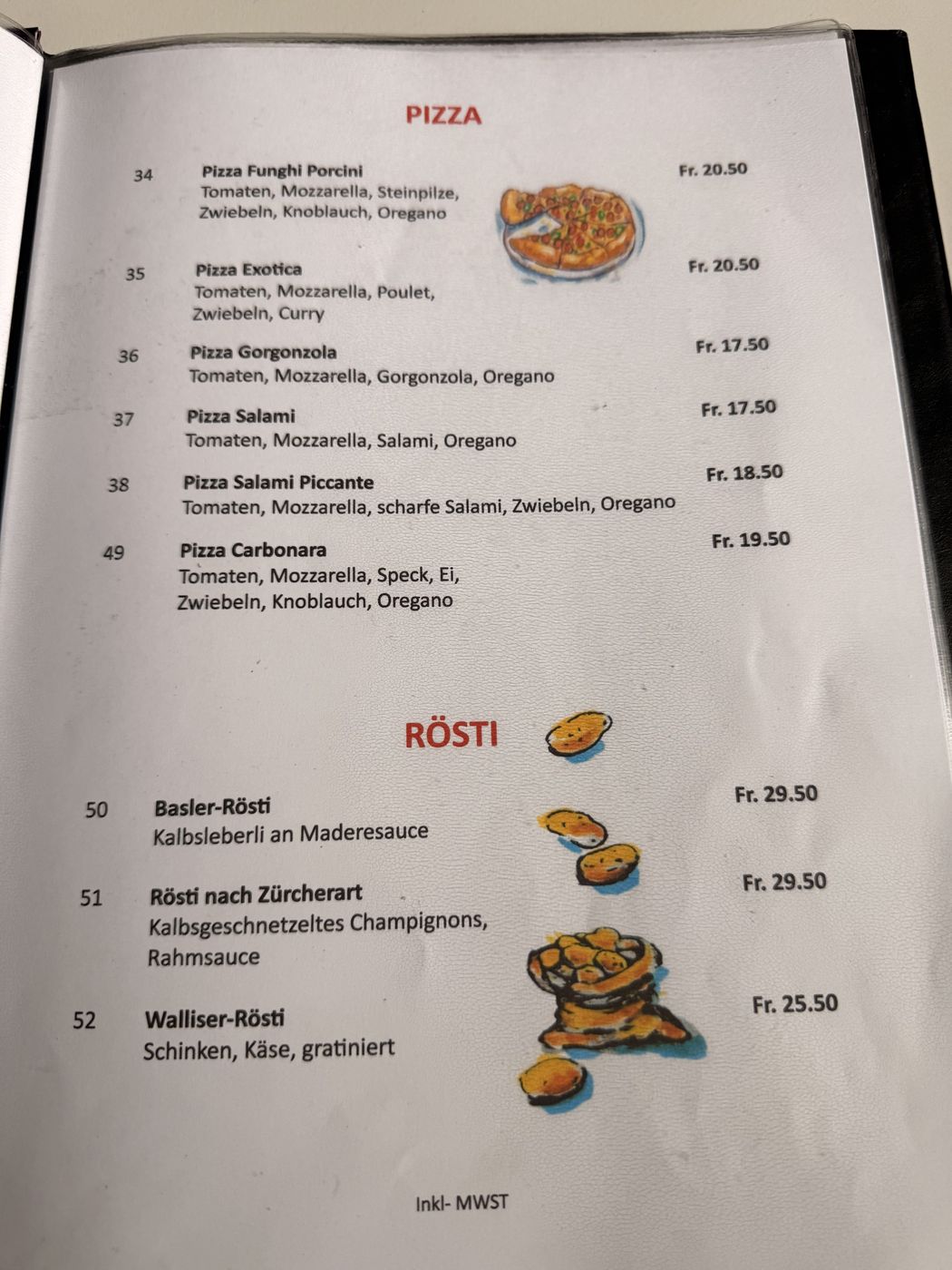 Speisekarte Pizza und Rösti