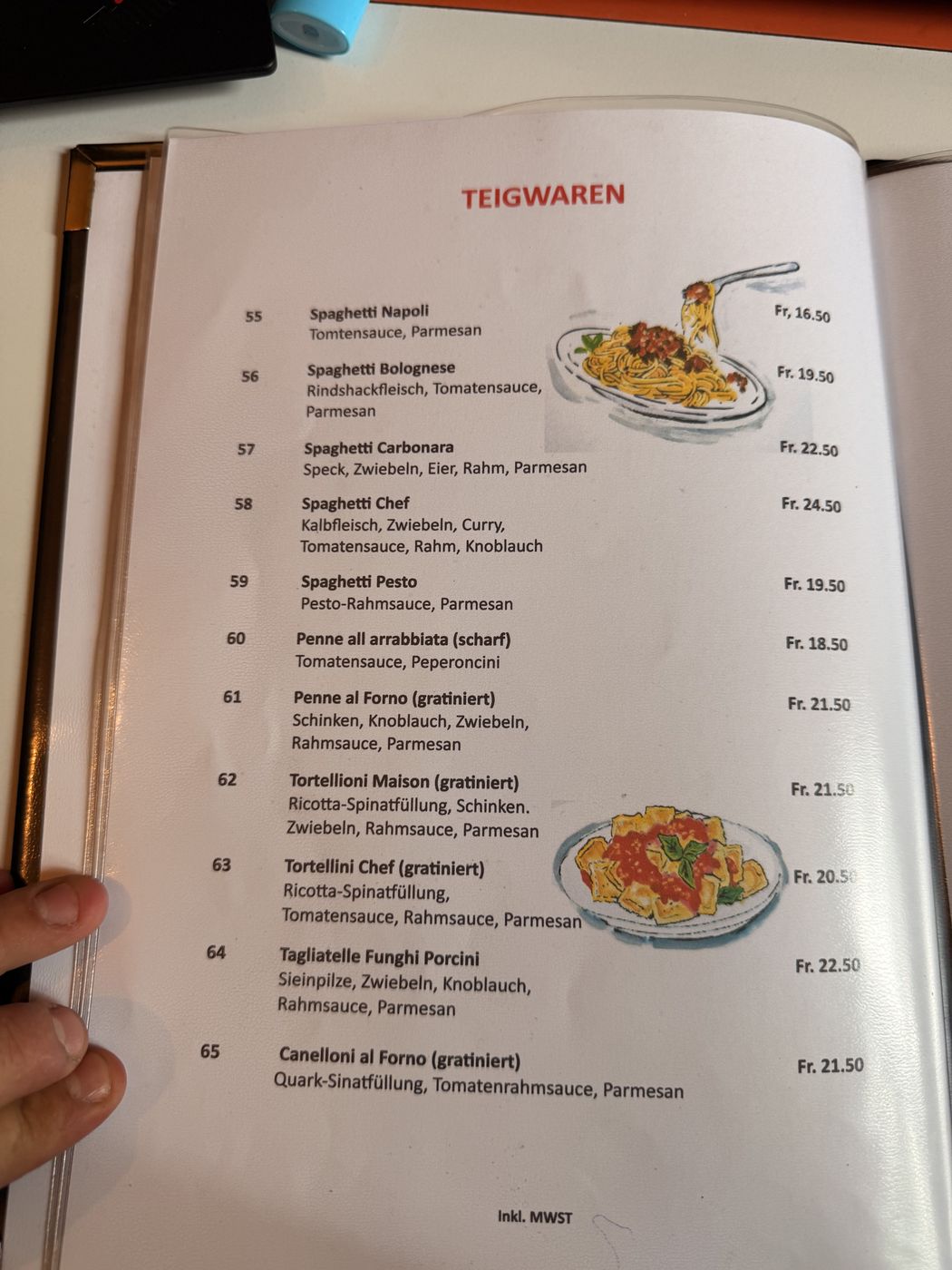 Speisekarte Teigwaren