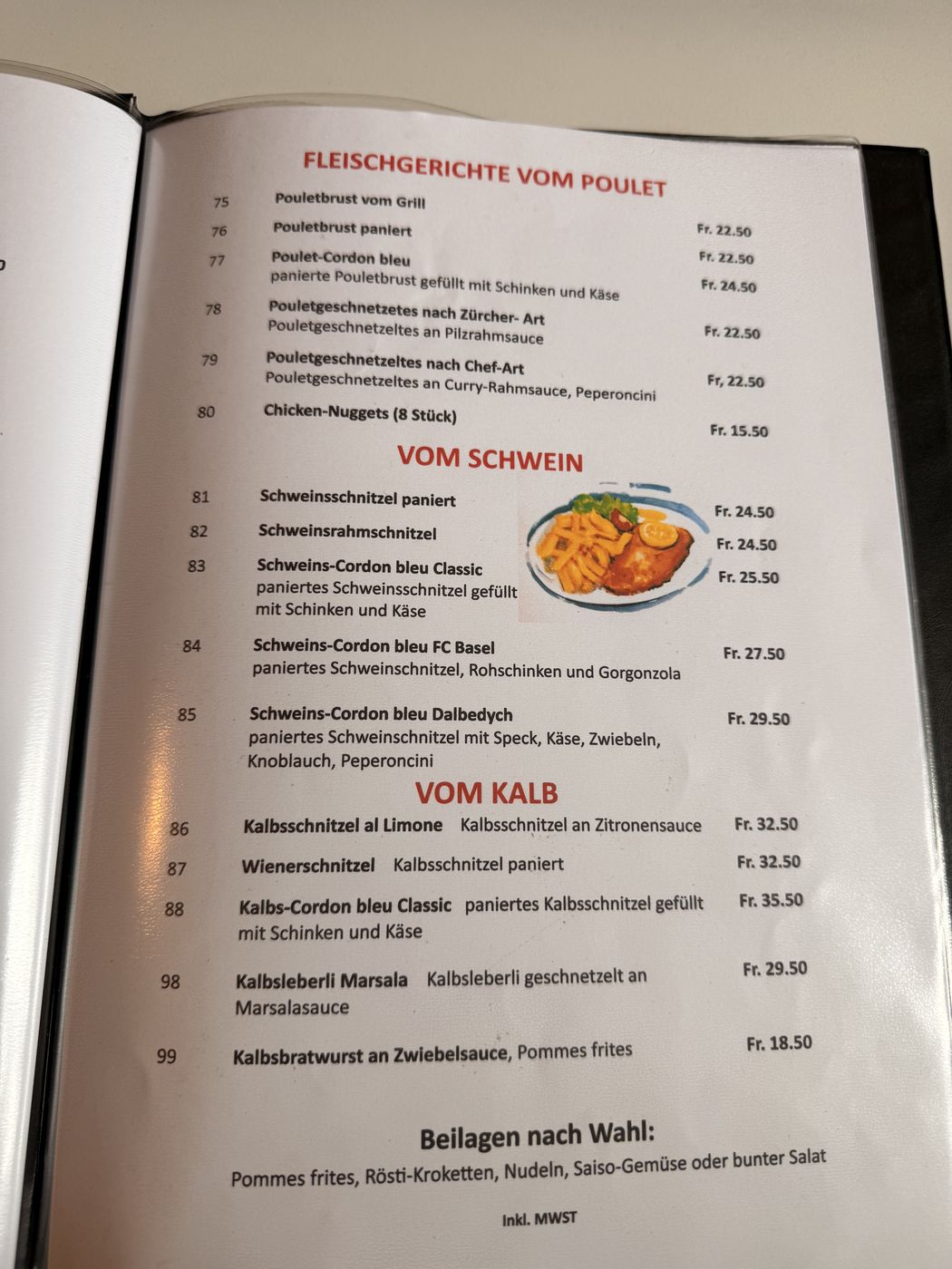 Speisekarte Fleischgerichte