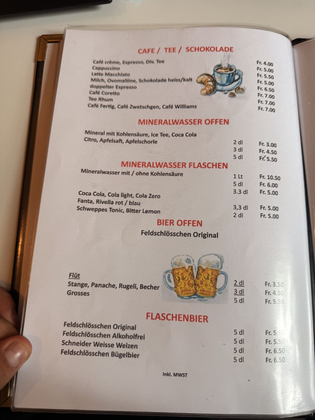 Speisekarte Kaffee, Mineralwasser, Bier