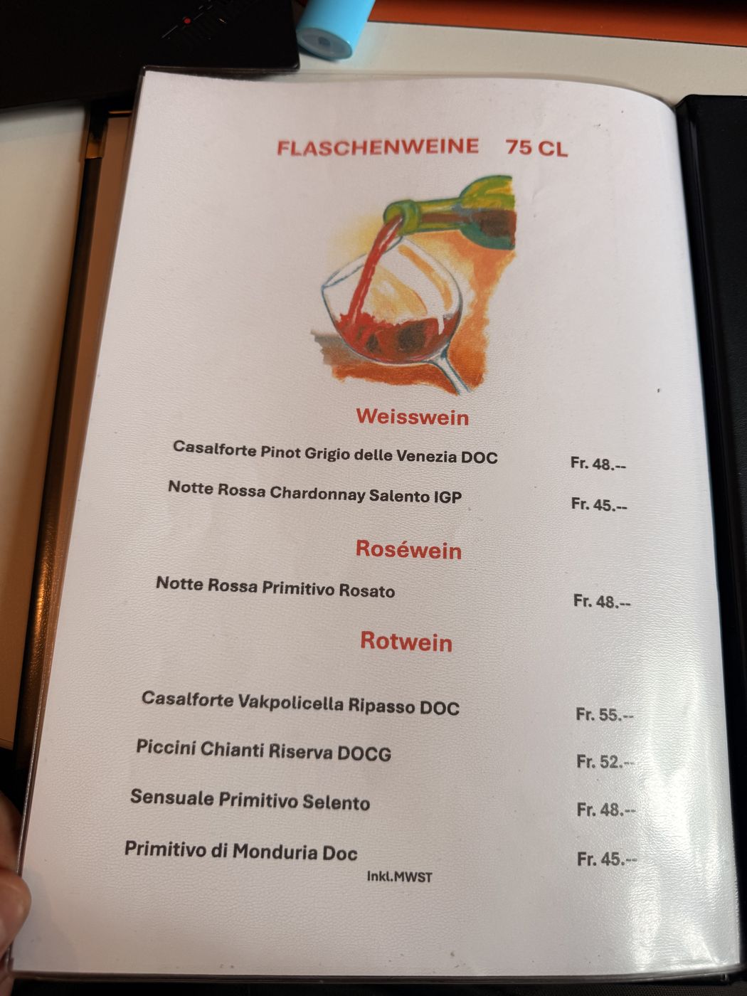 Speisekarte Flaschenweine