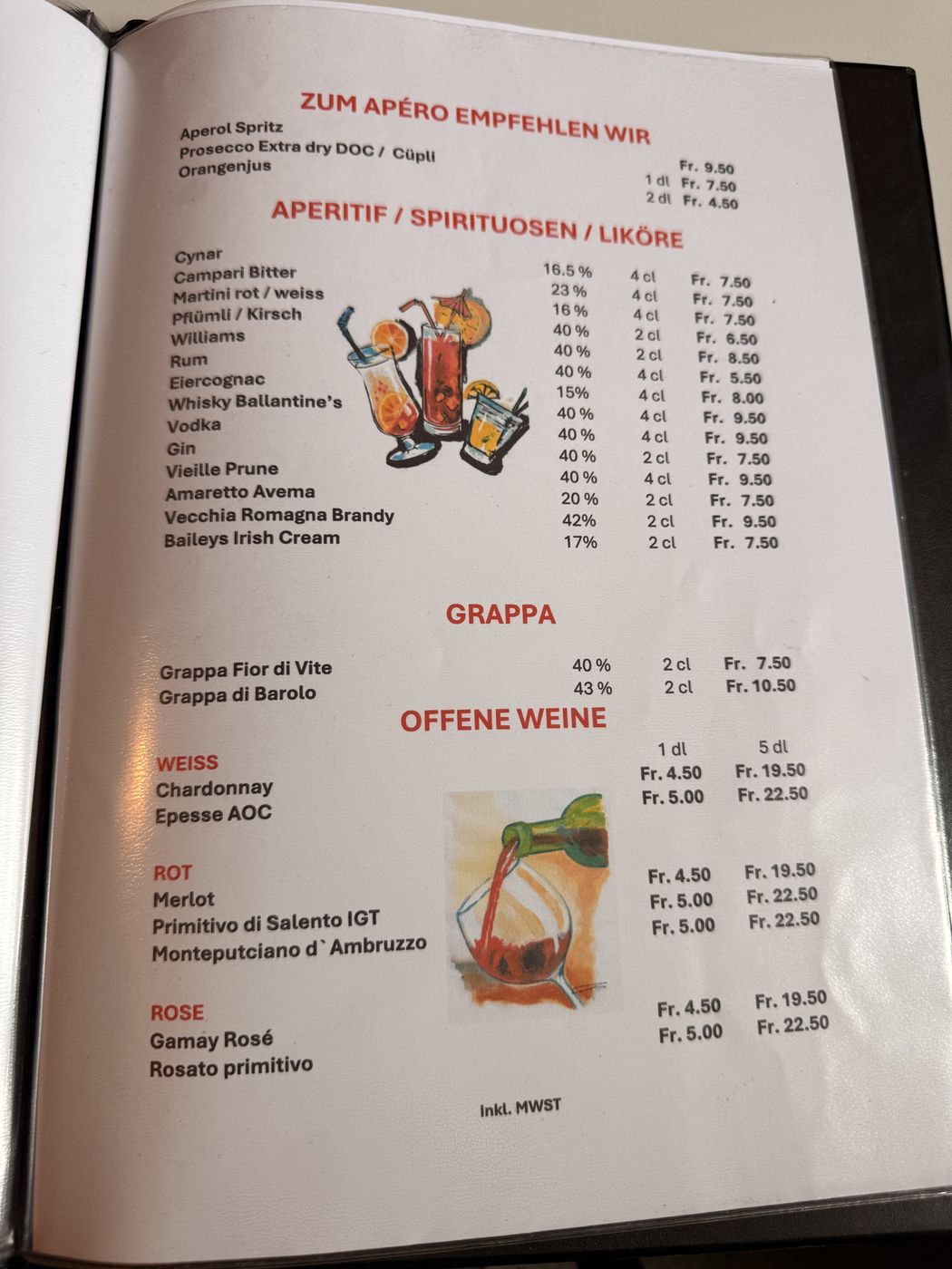 Speisekarte Aperitif, Spirituosen, Grappa, offene Weine
